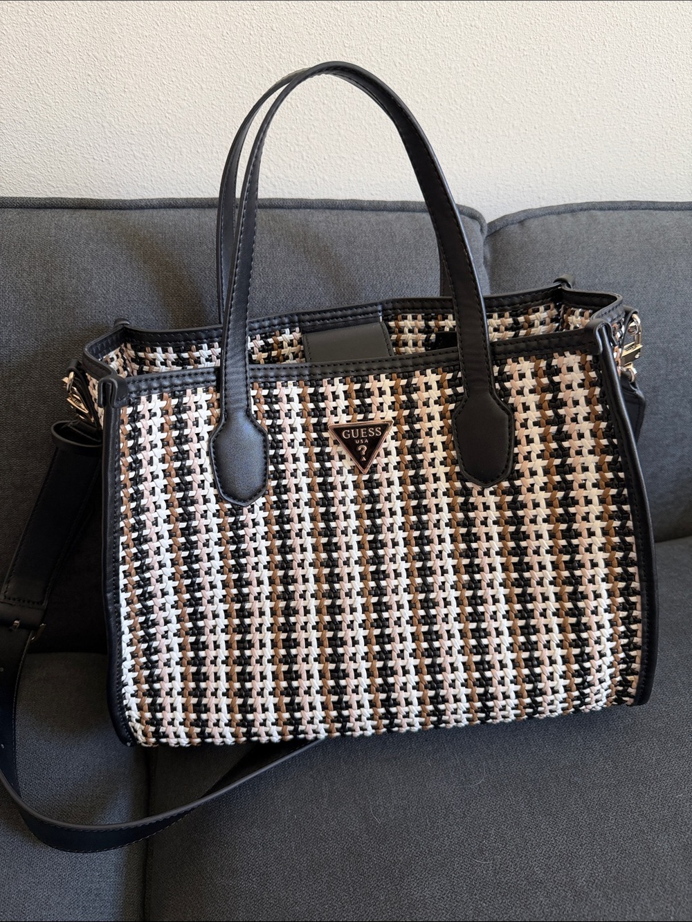 GUESS Black and Cream Woven Silvani Bag with Detachable Strap